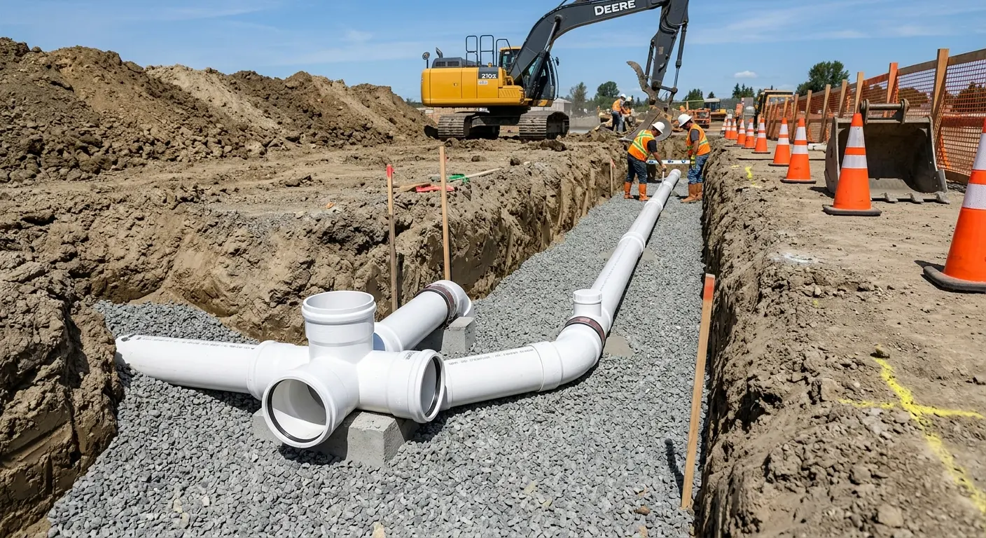 New PVC sewer pipe installation in open trench for Sewer Backup in Makaha