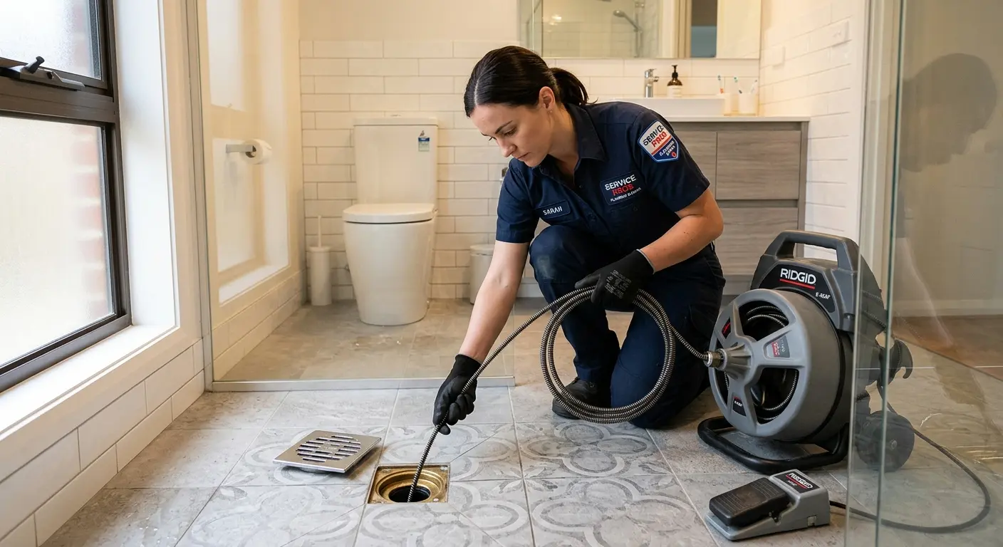 Technician clearing a bathroom floor drain for Sewer Line Replacement in Makaha